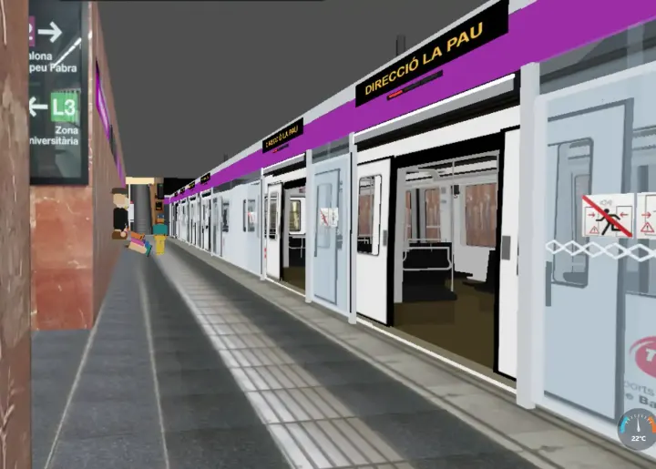 Portes d’andana a Paral·lel, línia L2 del simulador de metro de Barcelona, direcció La Pau