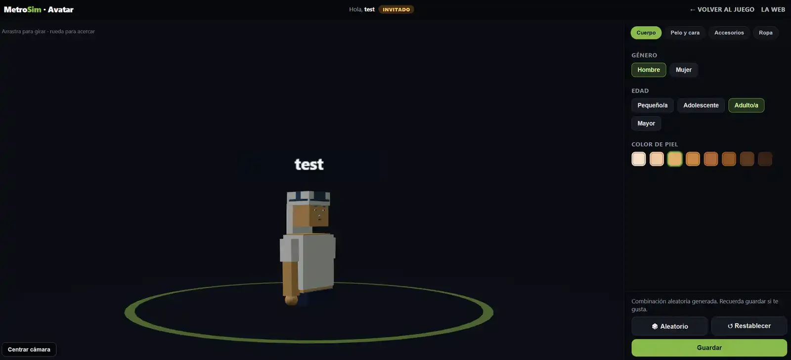 Editor de avatares de MetroSim: personaje 3D y panel para cuerpo, pelo, accesorios y ropa
